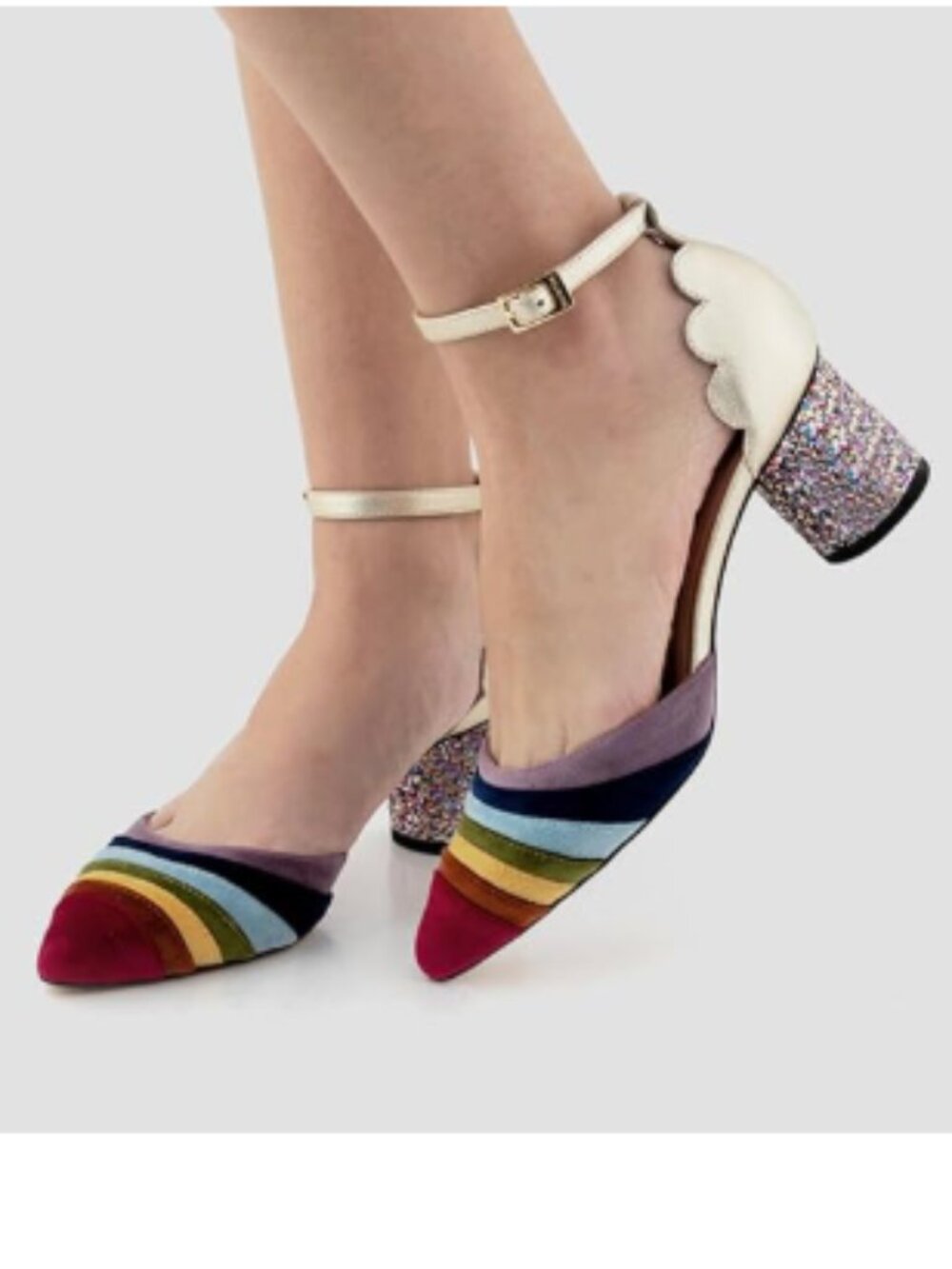 FSJ Gold Rainbow Chunky Heels Pumps Rainbow Closed Toe Ankle Strap Buckle Shoes